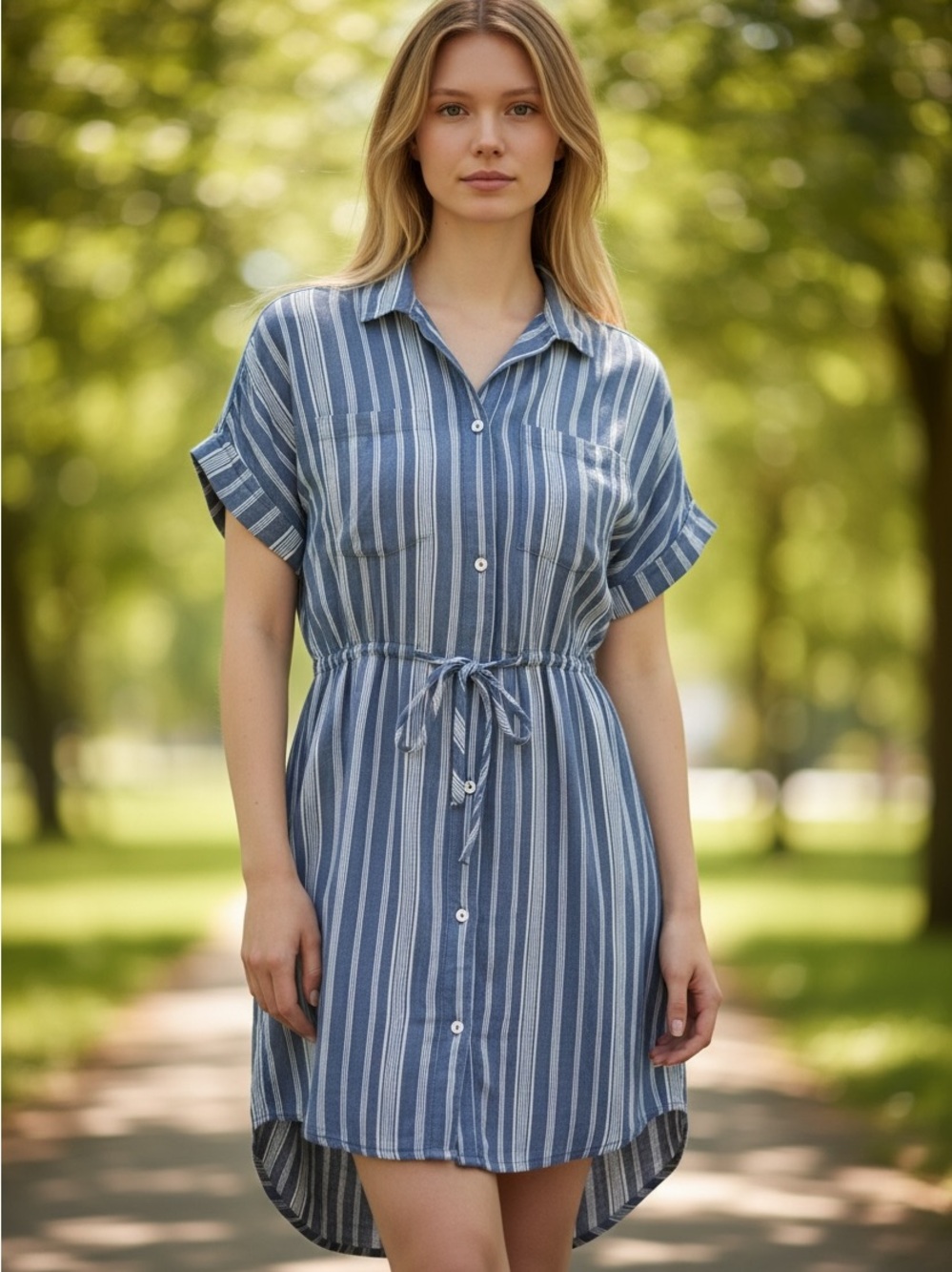 Japna Blue Striped Button-Front Shirt Dress with Tie Waist